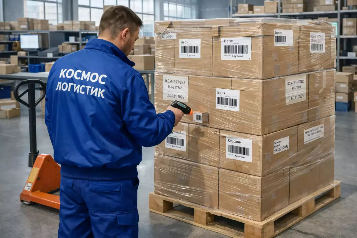 Подготовка поставки FBO для Ozon: паллета с коробами под стрейч-плёнкой и проверка штрихкодов